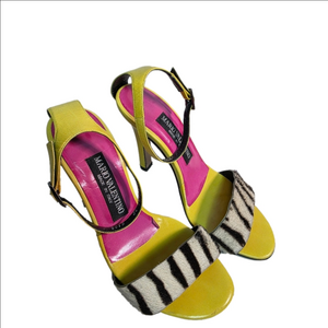 Mario Valentino Italy Zebra Print Calf Hair & Lime Green Leather Heel Sandals